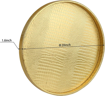 HofferRuffer Round Serving Tray 20'', Elegant Faux Leather Circle Ottoman Table Tray, Serve Tea Coffee Breakfast in Bedroom Living Room Kitchen (Brown)