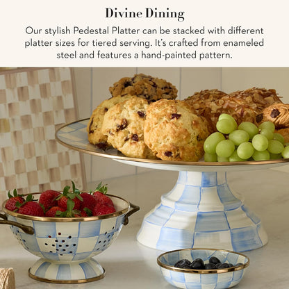 MACKENZIE-CHILDS Enamel Pedestal Serving Platter, Decorative Serving Dish for Food, Small, Black-and-White Courtly Check
