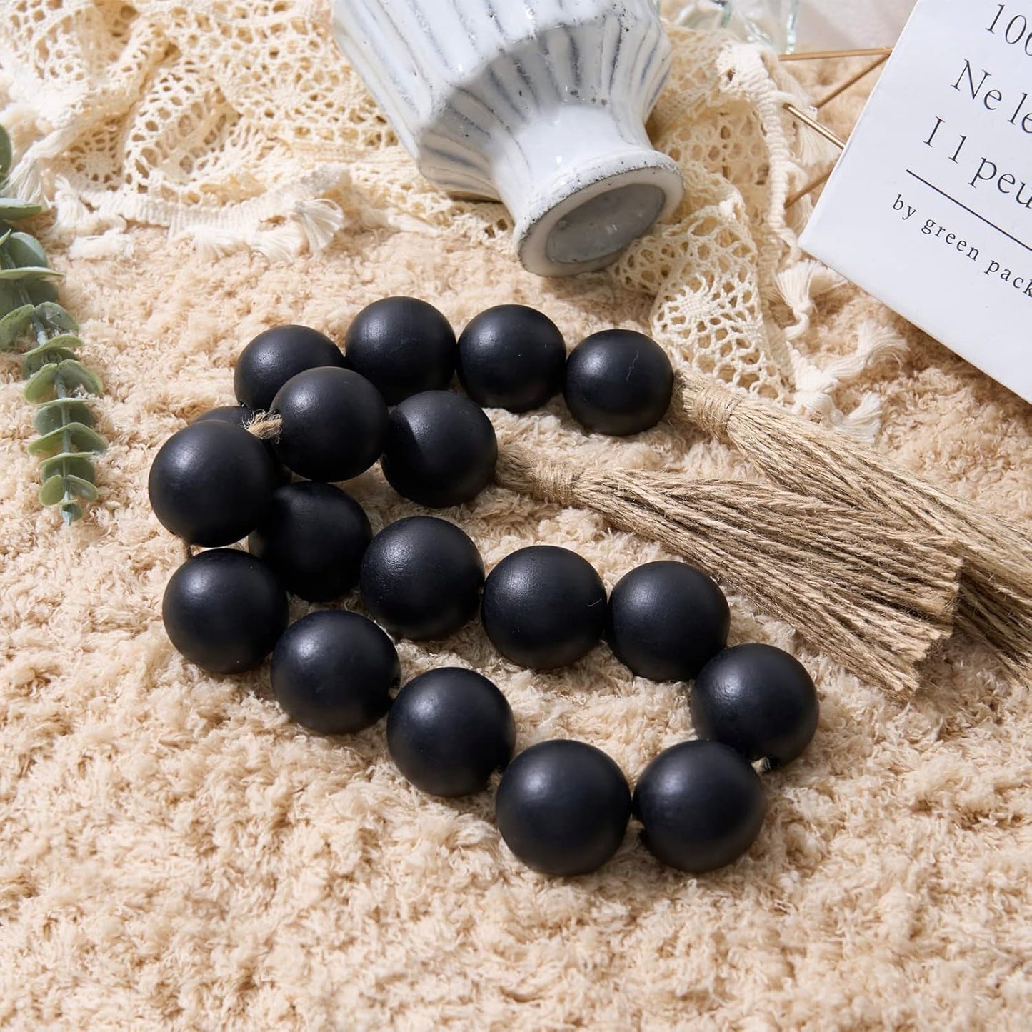 OMISHE Extra Large Wood Bead Garland with 1.6" Diameter Wooden Beads and Tassels, 41" Long Rustic Farmhouse Country Decorative Beads for Home Tiered Tray Decor, Natural Beige