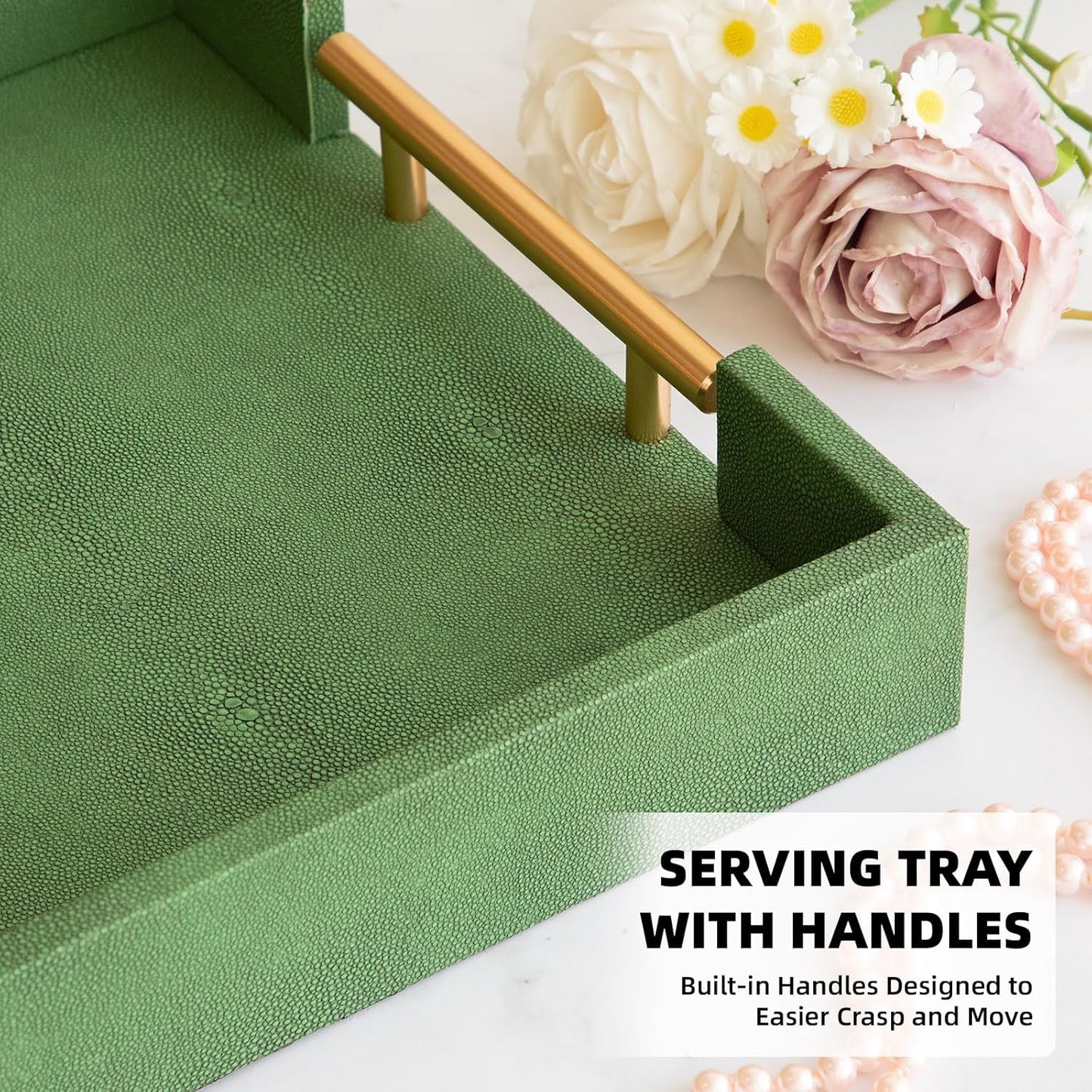 Modern Decorative Tray Set of 2 Ivory Shagreen Leather and Wood Serving Tray with Gold Polished Metal Handles for Ottoman, Coffee Table, Bathroom and More