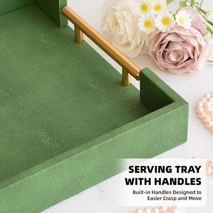 Modern Decorative Tray Set of 2 Ivory Shagreen Leather and Wood Serving Tray with Gold Polished Metal Handles for Ottoman, Coffee Table, Bathroom and More