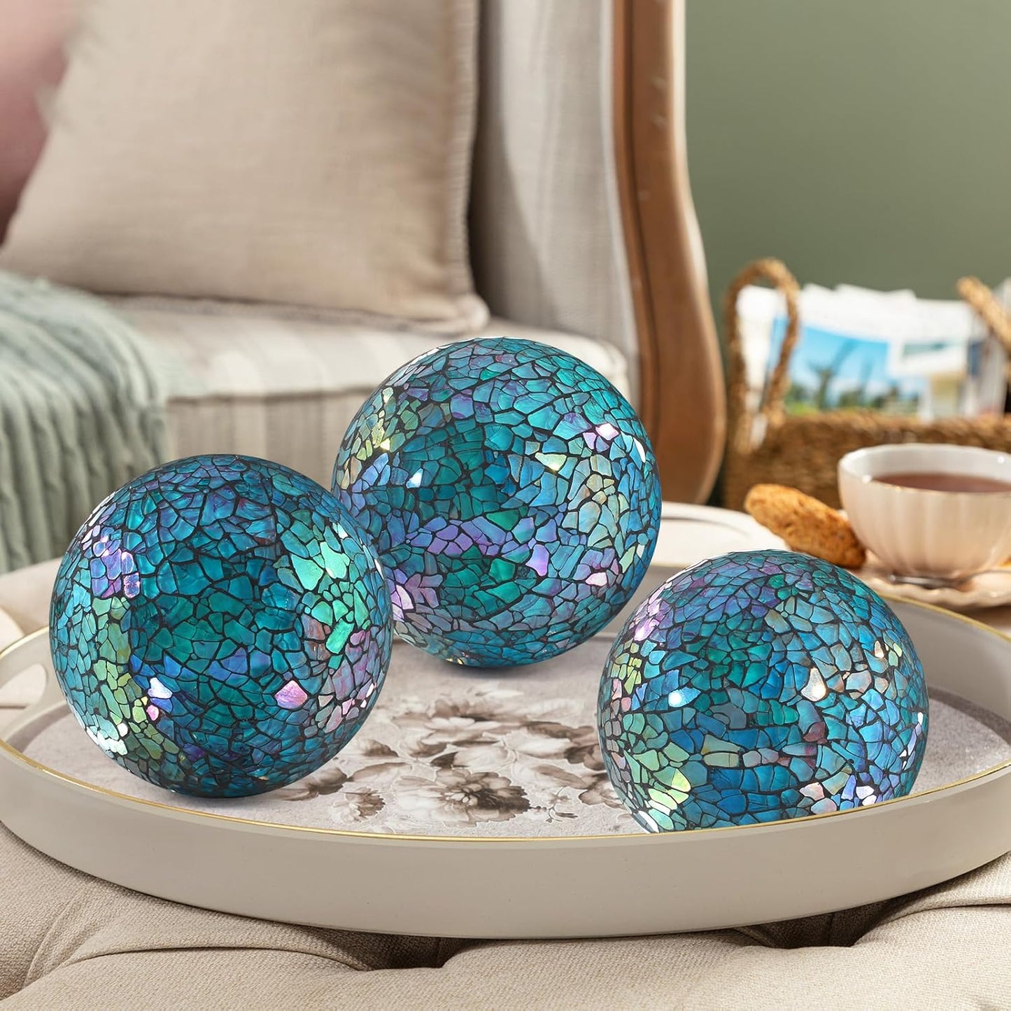 3Pcs Mosaic Glass Orbs Decorative Balls Set 8.5cm/3.35inch Blue Sphere Wedding Party Home Decor Table Centerpiece