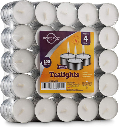 MontoPack Unscented Tea Light Candles 45 Pack | 4 Hours, White, Smokeless, Dripless Small Votive Paraffin Tealights | Long-Lasting for Home, Shabbat, Weddings, Events, Emergencies | Mini Candles Bulk