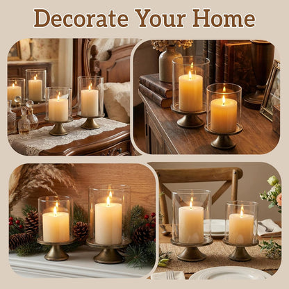 Set of 2 Hurricane Candle Holder Set with Glass Dome & Iron Base – Elegant Decorative Pillar Candle Holders for Living Room, Dining Room & Bedroom Centerpiece - Ideal Home Décor