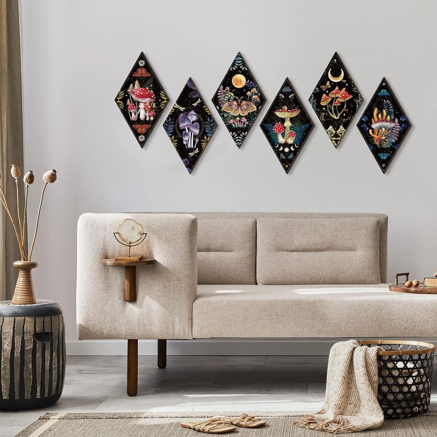 Sintuff 6 Pieces Gothic Wall Decor Boho Sun Moon Phases Wall Art Gothic Minimalist Stars Sun Hanging Wooden Home Decor Farmhouse Pediments for Gallery Living Bedroom Room(Mushroom)