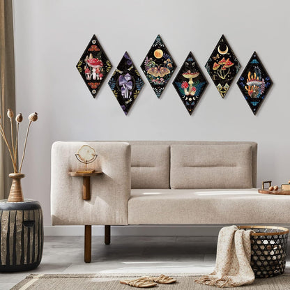 Sintuff 6 Pieces Gothic Wall Decor Boho Sun Moon Phases Wall Art Gothic Minimalist Stars Sun Hanging Wooden Home Decor Farmhouse Pediments for Gallery Living Bedroom Room(Mushroom)