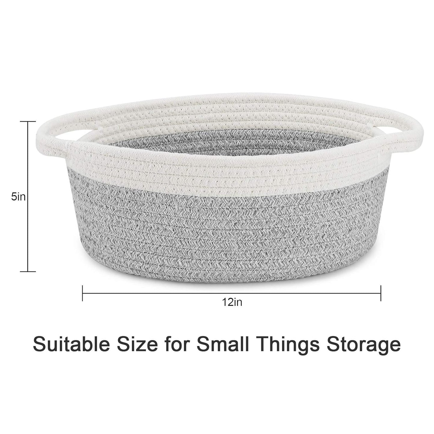 ABenkle Small Basket with Handles, Boho Decorative Rope Woven Dog Cat Toy Storage Bin Shelf Storage Organizer, Easter Christmas Gift Basket, 12"x8"x5", White