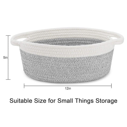 ABenkle Small Basket with Handles, Boho Decorative Rope Woven Dog Cat Toy Storage Bin Shelf Storage Organizer, Easter Christmas Gift Basket, 12"x8"x5", White
