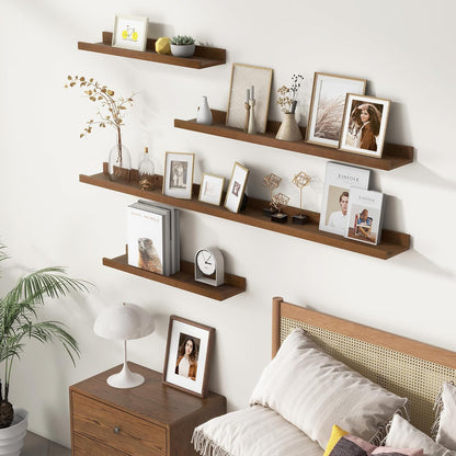 FLYJOE Picture Ledge Shelf, Floating Shelves Set of 2, Solid Pine Wood 55'' Long Large Nursery Book Shelves for Toys Storage, Kids Bookshelf for Living Room Bedroom Decor Books Photo Frames, Walnut