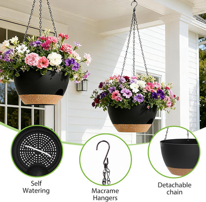 8 Inch Hanging Planters for Indoor Outdoor Plants, 4 Pack Black Plastic Self Watering Hanging Baskets with Drainage Holes and Chain for Garden Porch