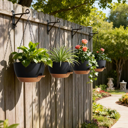 UOUZ Set of 3-10 Inch Self Watering Hanging Planters for Indoor Outdoor，Hanging Plant Pots with Drainage & Removable Tray, Hanging Pots Holder for Ivy, Pothos, Ferns, Balcony & Patio, Black with Brown