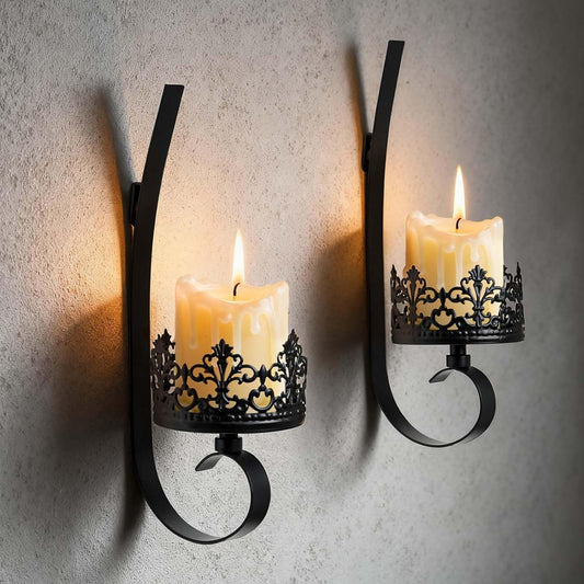 Set of 2 Black Wrought Iron Wall Mount Candle Sconces - Farmhouse Style Hanging Candle Holders for Living Room, Bathroom, Dining Room, and Window Decor (2, Black-B Style)