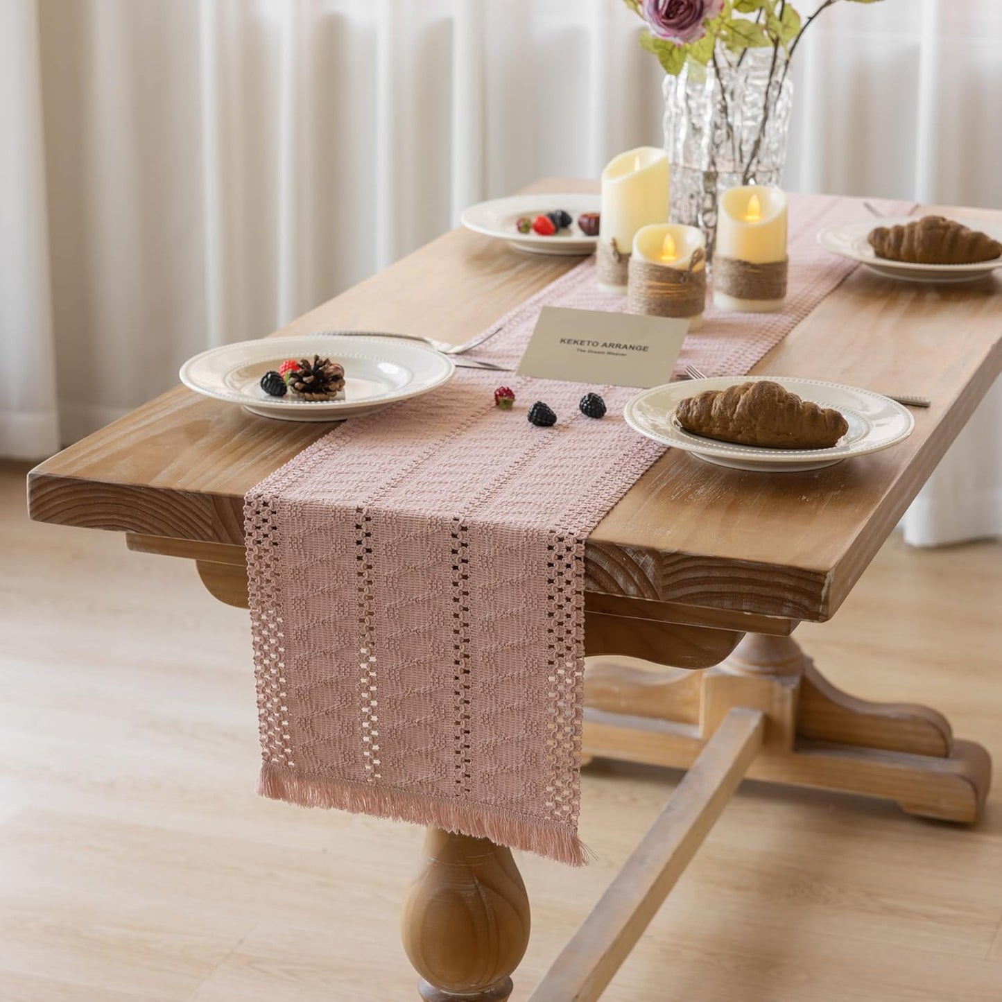 Keketoarrange Boho Sage Green Table Runner for Summer Home Decorations 12x72 Inches Farmhouse Small Macrame Woven Burlap Rustic Coffee Dresser Dining Kitchen Centerpiece Bohemian Decor
