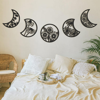 Jetec 5 Pcs Moon Phase Wall Art Decor Wall Pediments Hanging Wooden Phase Spiritual Bedroom Nordic Boho Lunar Aesthetic Art for Living Room Dorm Apartment Ornament(Brown,10.6 Inch,Botanical)
