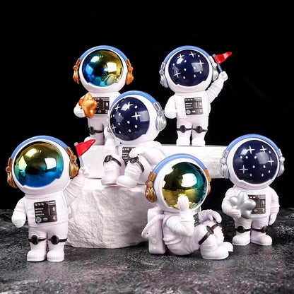 Blue White Astronaut Statues Set of 4, Spaceman Sculpture Figurines Outer Space Theme Decor for Nursery Room Cake Topper
