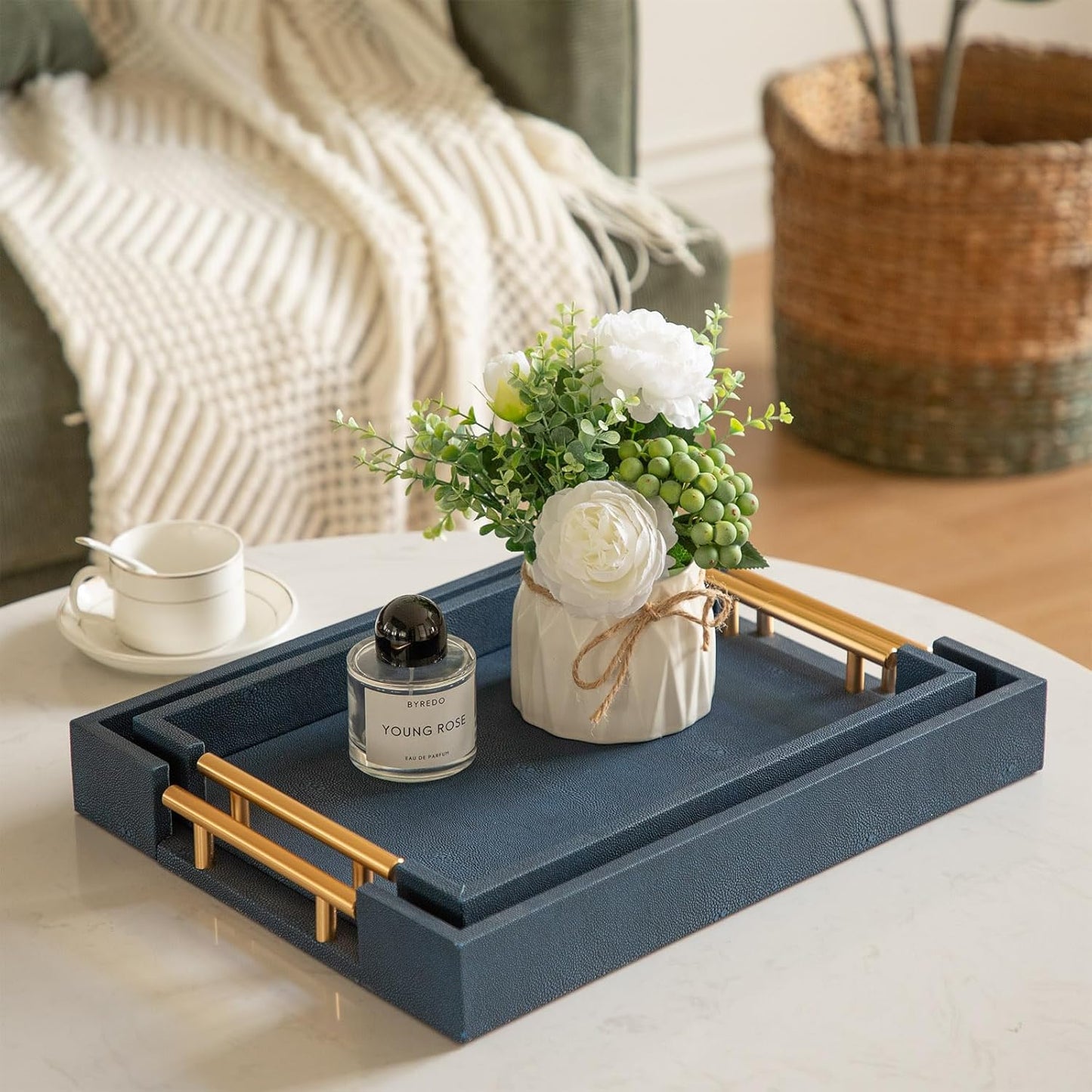 Modern Decorative Tray Set of 2 Ivory Shagreen Leather and Wood Serving Tray with Gold Polished Metal Handles for Ottoman, Coffee Table, Bathroom and More
