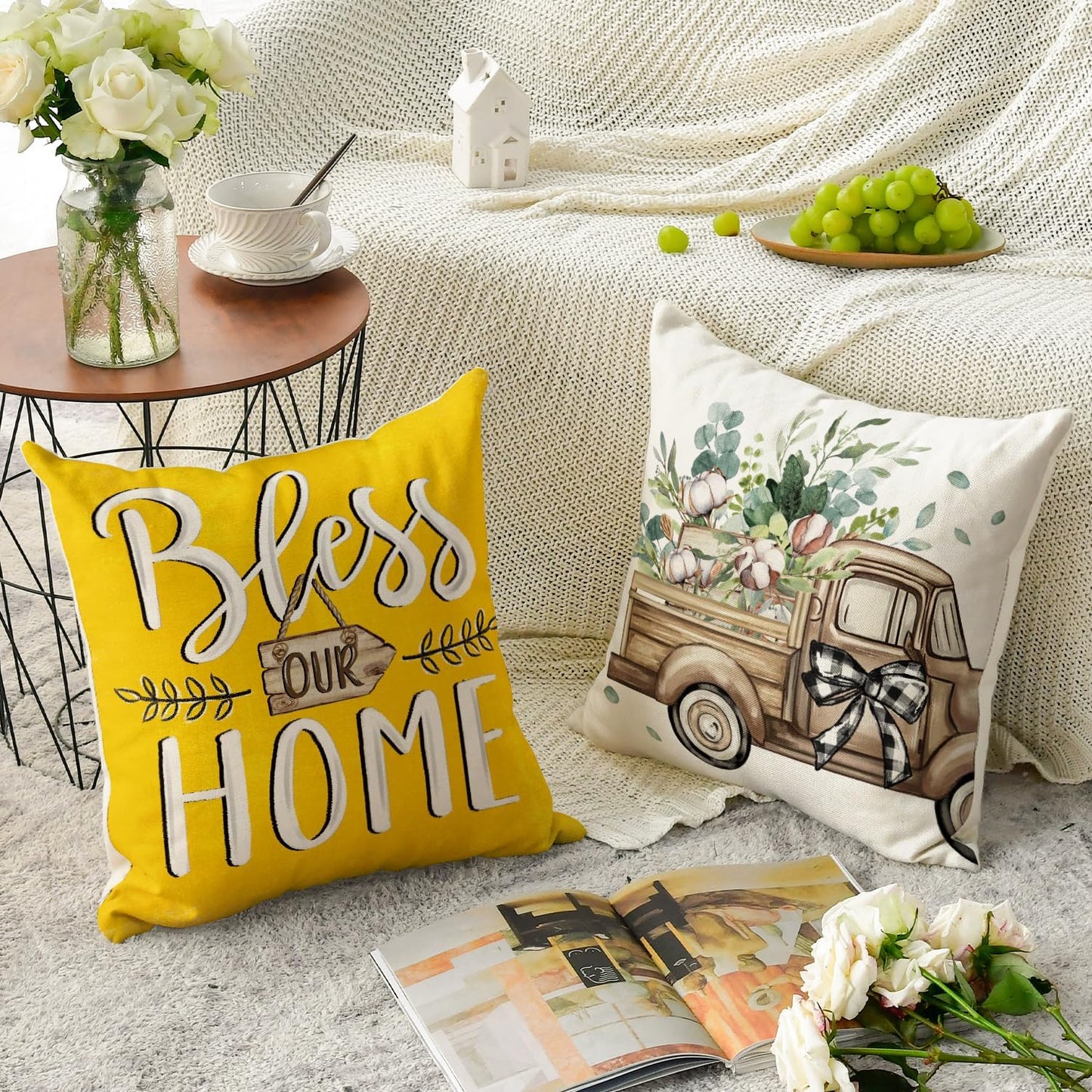 AVOIN colorlife Bless Our Home Farmhouse Eucalyptus Leaves Throw Pillow Covers, 18 x 18 Inch Truck Home Sweet Home Cushion Case Decorations Set of 4