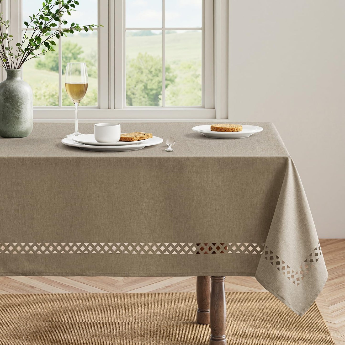 MIULEE Beige Rectangle Linen Polyester Tablecloth with Decorative Cutouts Spring Waterproof Stain Resistant & Shrink-Proof Table Cloth 52x70 inch Farmhouse Style for Dining Wedding and Outdoor
