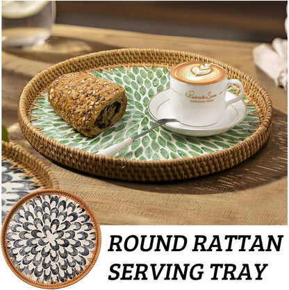 Round Rattan Tray with Mother of Pearl Inlay, Decorative Wicker Serving Tray with Wooden Base, Woven Basket Trays for Bread Fruits Coffee, Leaf