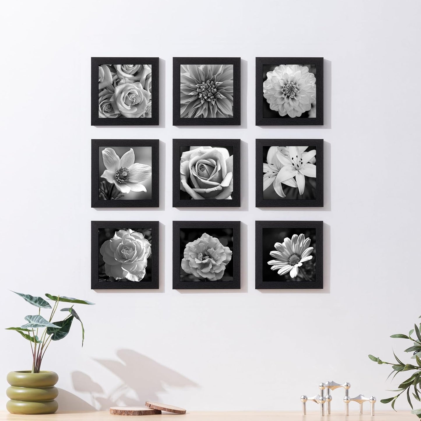 eletecpro 12x12 Picture Frames Set of 9 with Clear Acrylic Cover, Display 8x8 Photos with Mat or 12x12 Without, Classic and Sturdy Square Collage Gallery Wall Decor, Easy Wall Mount, Black