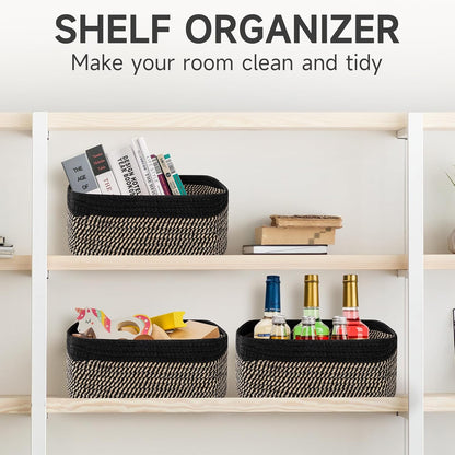 3-Pack Small Storage Baskets for Organizing | Woven Shelf Toy Basket | Rope Baskets for Gifts Empty | Closet Organizer Bins with Handles | Cube Decorative Box | 11.8×7.8×5.1” | Mixed brown