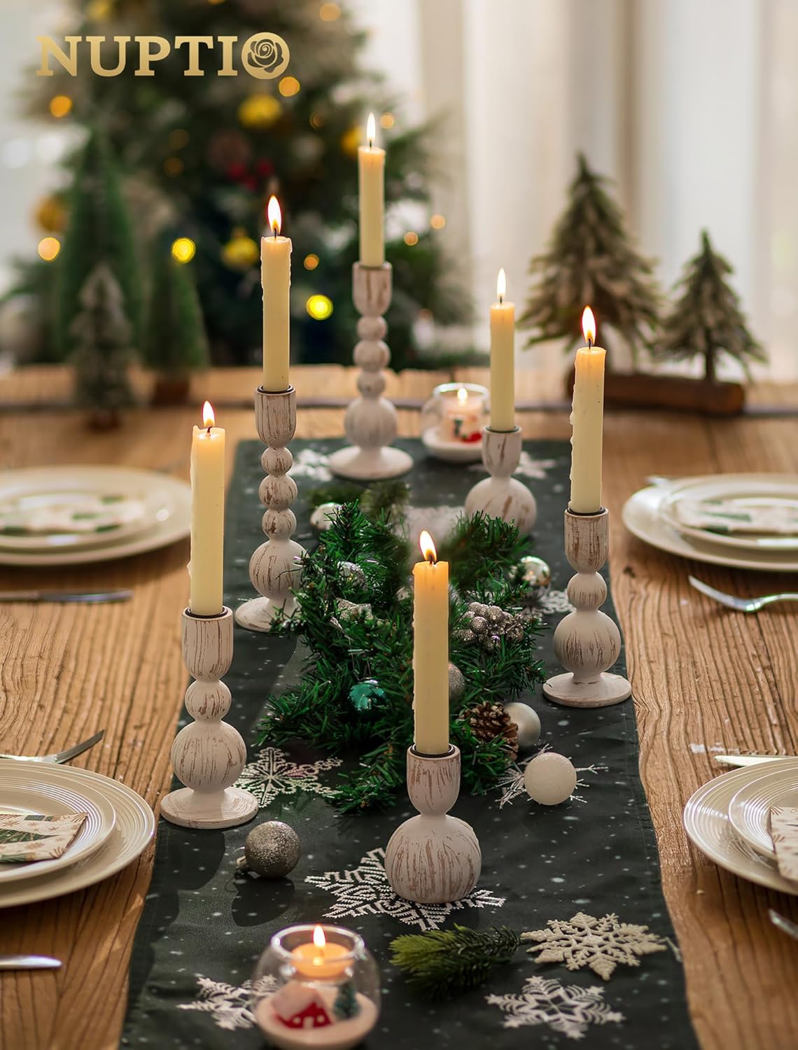 NUPTIO Candle Stick Holders Decor: Set of 3 Farmhouse Wooden Taper Candle Holders - Rustic Sage Green for Home Coffee Dinner Table