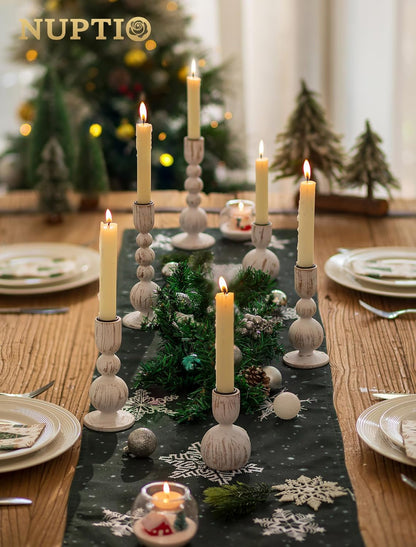 NUPTIO Candle Stick Holders Decor: Set of 3 Farmhouse Wooden Taper Candle Holders - Rustic Sage Green for Home Coffee Dinner Table