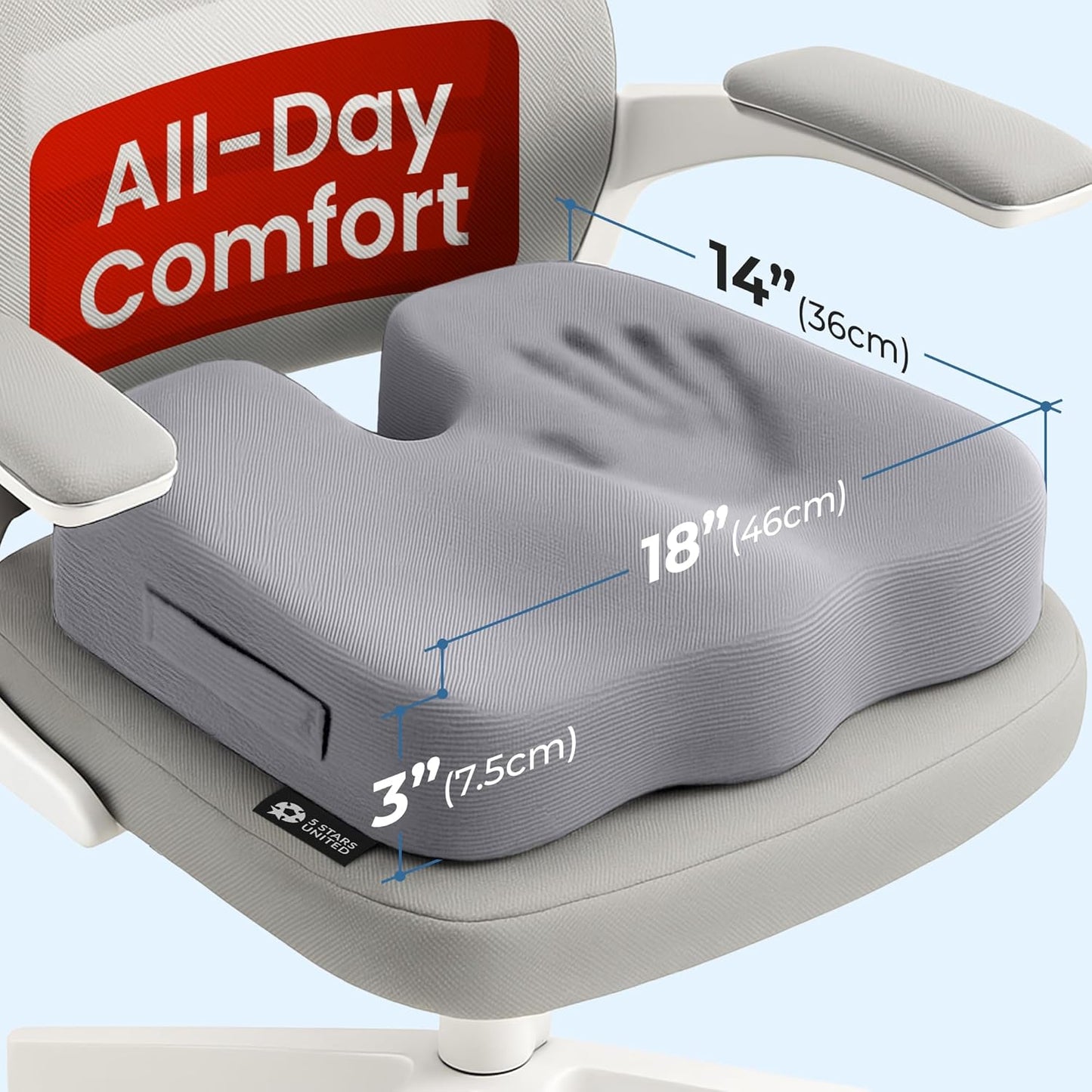 5 STARS UNITED Seat Cushion - Memory Foam Chair Cushion for Tailbone Pain Relief - Ergonomic Support for Coccyx, Sciatica & Butt - Office, Desk & Gaming Chair, Car Seat, Wheelchair, Airplane, Black