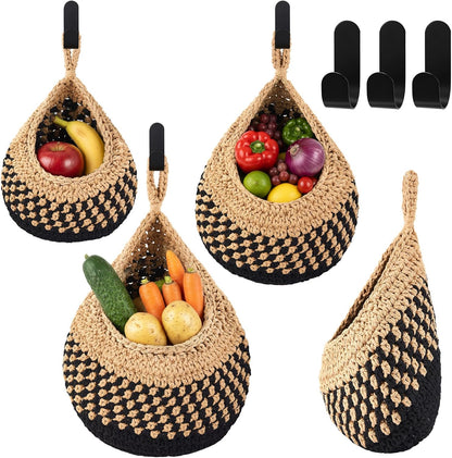 Honeydak Boho Decor Hanging Wall Baskets for Kitchen 3 Pack Teardrop Baskets with Hooks Storage Fruit Onion Vegetable Potato for Home 3 Sizes(Linen,Teardrop,Jute)