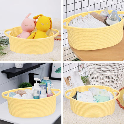 ABenkle Small Basket with Handles, Boho Decorative Rope Woven Dog Cat Toy Storage Bin Shelf Storage Organizer, Easter Christmas Gift Basket, 12"x8"x5", White