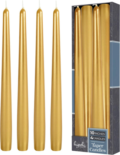 Hyoola Tall Taper Candles - 10 Inch Metallic Gold Unscented Dripless Taper Candles - 8 Hour Burn Time - 4 Pack