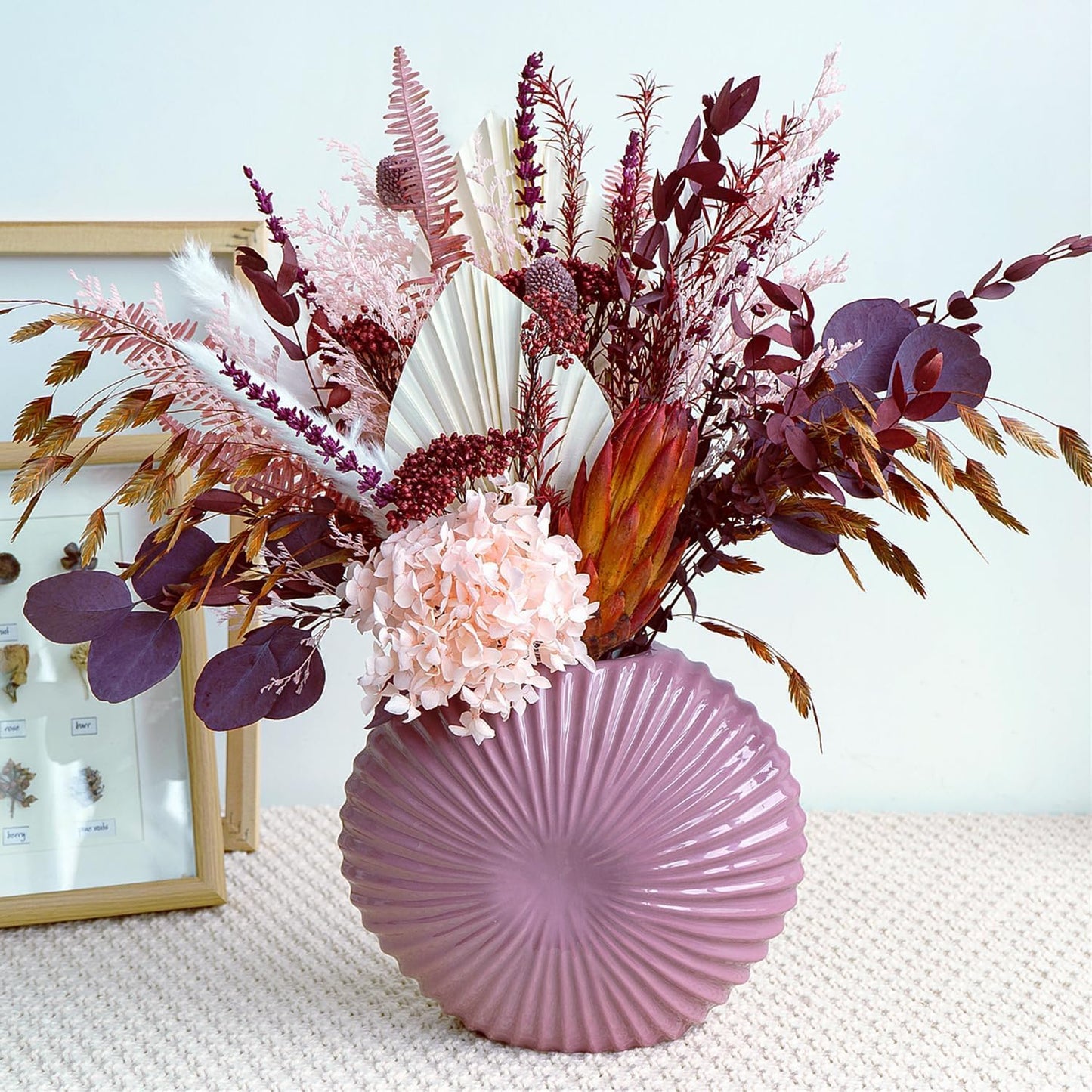 Blush Pink & Burgundy Dried Flower Bouquet, Cream Pampas Grass with Sage Green & Eucalyptus, Boho Dried Flowers for Wedding, Home Décor