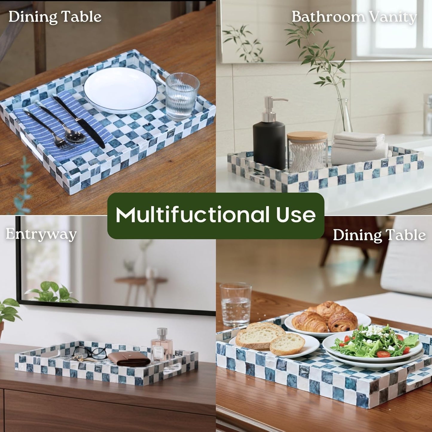 CHI AN HOME 15.8" x 11.8" Decorative Rectangular Tray with Natural Capiz Shells, Checkered Tray with Handles, Serving Tray for Ottoman, Coffee Table, Kitchen Counter Home Decor (Pistachio Green)