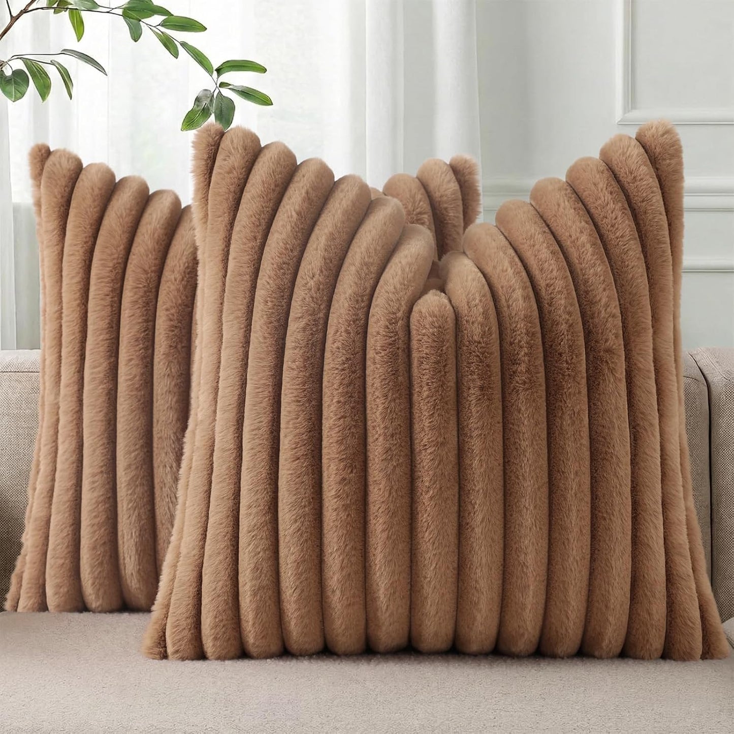 Pallene Faux Fur Plush Throw Pillow Covers 18x18 Set of 2, Luxury Soft Fluffy Striped Decorative Pillow Covers for Sofa, Couch, Living Room, Cream White