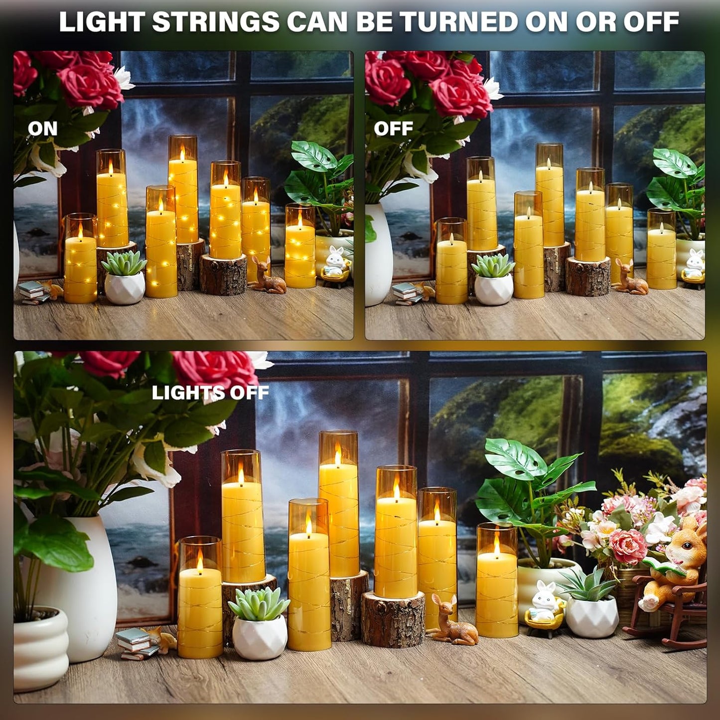 Nimiko Flickering Flameless LED Candles, 9 Pcs with Embedded Star String, Acrylic LED Pillar Candles with Remote, Suitable for Home Decoration (White)