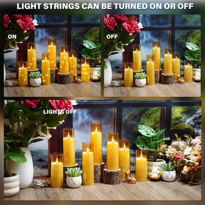 Nimiko Flickering Flameless LED Candles, 9 Pcs with Embedded Star String, Acrylic LED Pillar Candles with Remote, Suitable for Home Decoration (White)