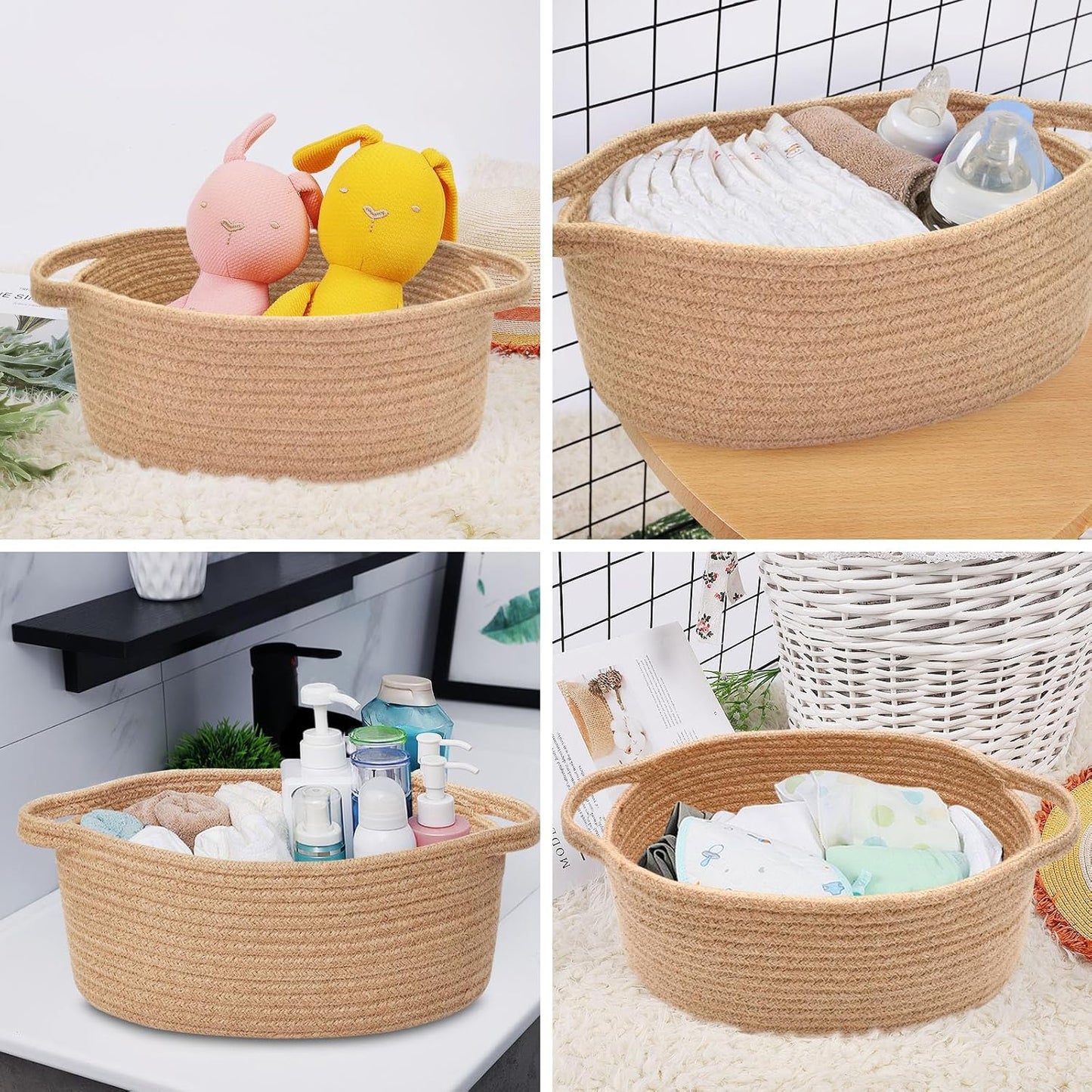 ABenkle Small Basket with Handles, Boho Decorative Rope Woven Dog Cat Toy Storage Bin Shelf Storage Organizer, Easter Christmas Gift Basket, 12"x8"x5", White