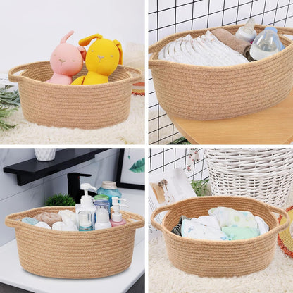 ABenkle Small Basket with Handles, Boho Decorative Rope Woven Dog Cat Toy Storage Bin Shelf Storage Organizer, Easter Christmas Gift Basket, 12"x8"x5", White