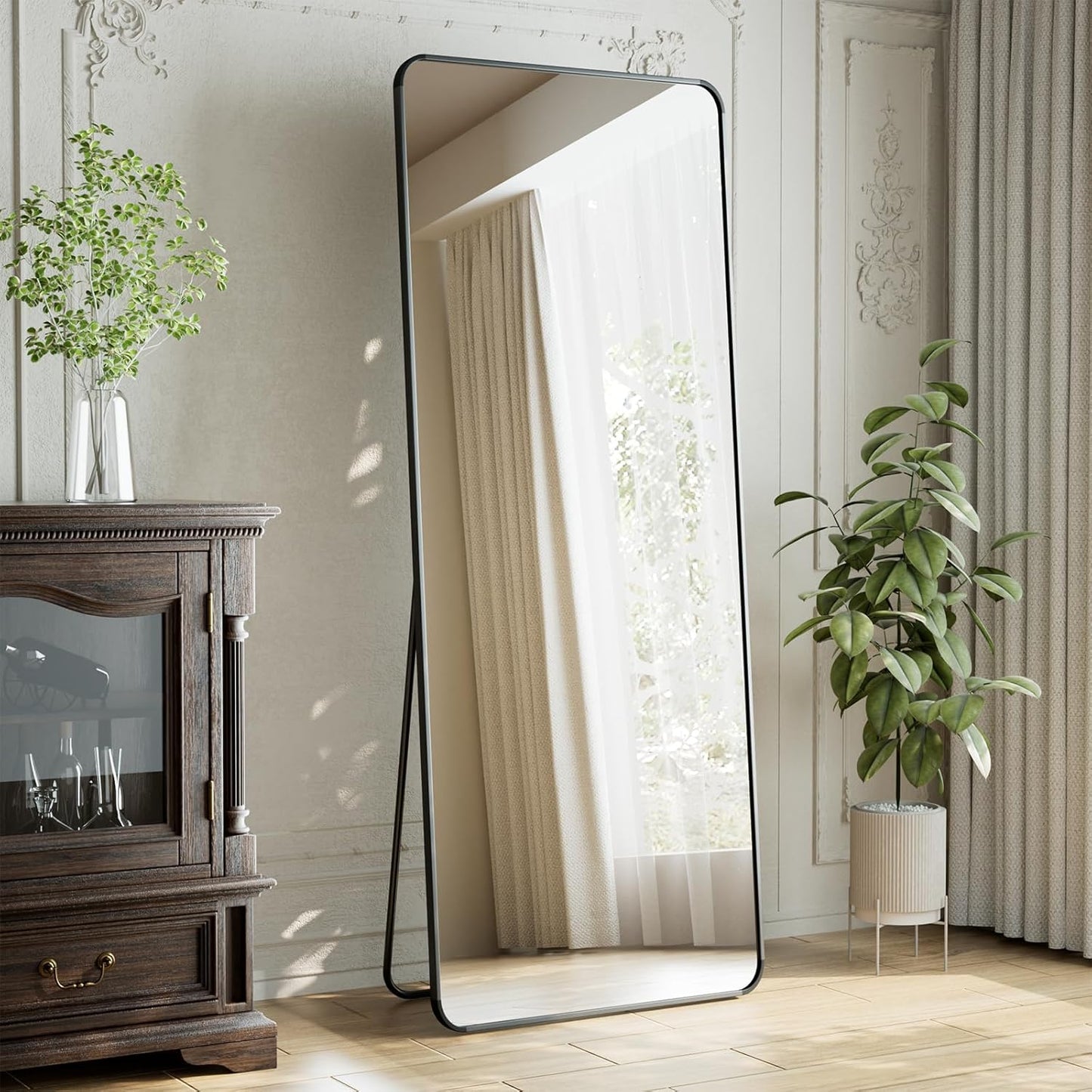 XRAMFY 56"x21" Floor Full Length Mirror Standing Full Body Rounded Corner Rectangle Mirrors with Stand Hanging Wall Mounted Leaning Bedroom Living Room Bedroom Cloakroom,Gold
