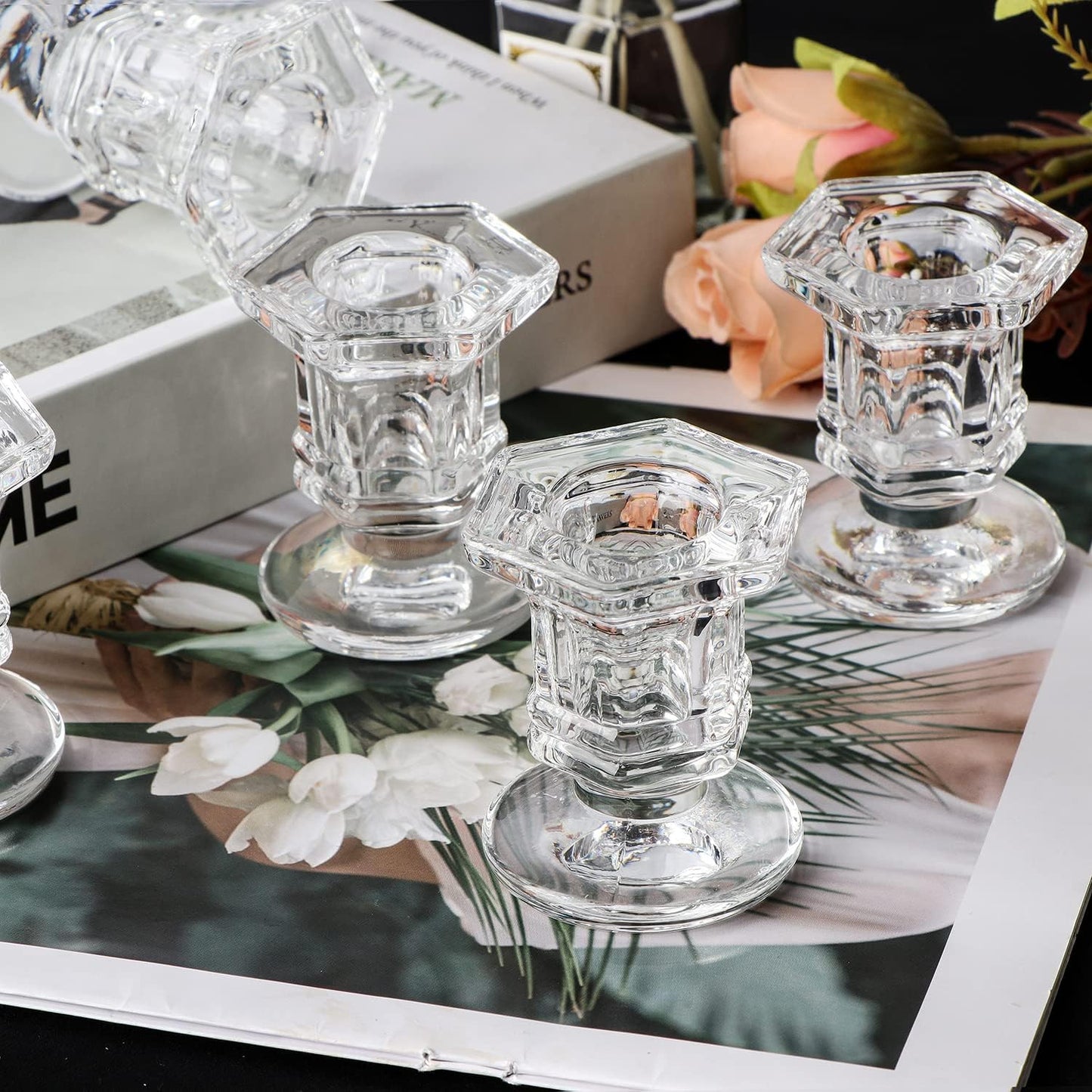 Lanttu Candlestick Holders Bulk, 12 Pcs Glass Candle Holders Set Clear, Crystal Taper Candle Holder for Wedding, Table Centerpiece, Home Decoration