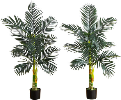 Nearly Natural 6.5ft Artificial Golden Cane Palm Tree, Lifelike Silk Indoor Palm With Three Textured Trunks Flexible Fronds Nursery Planter, Low Maintenance