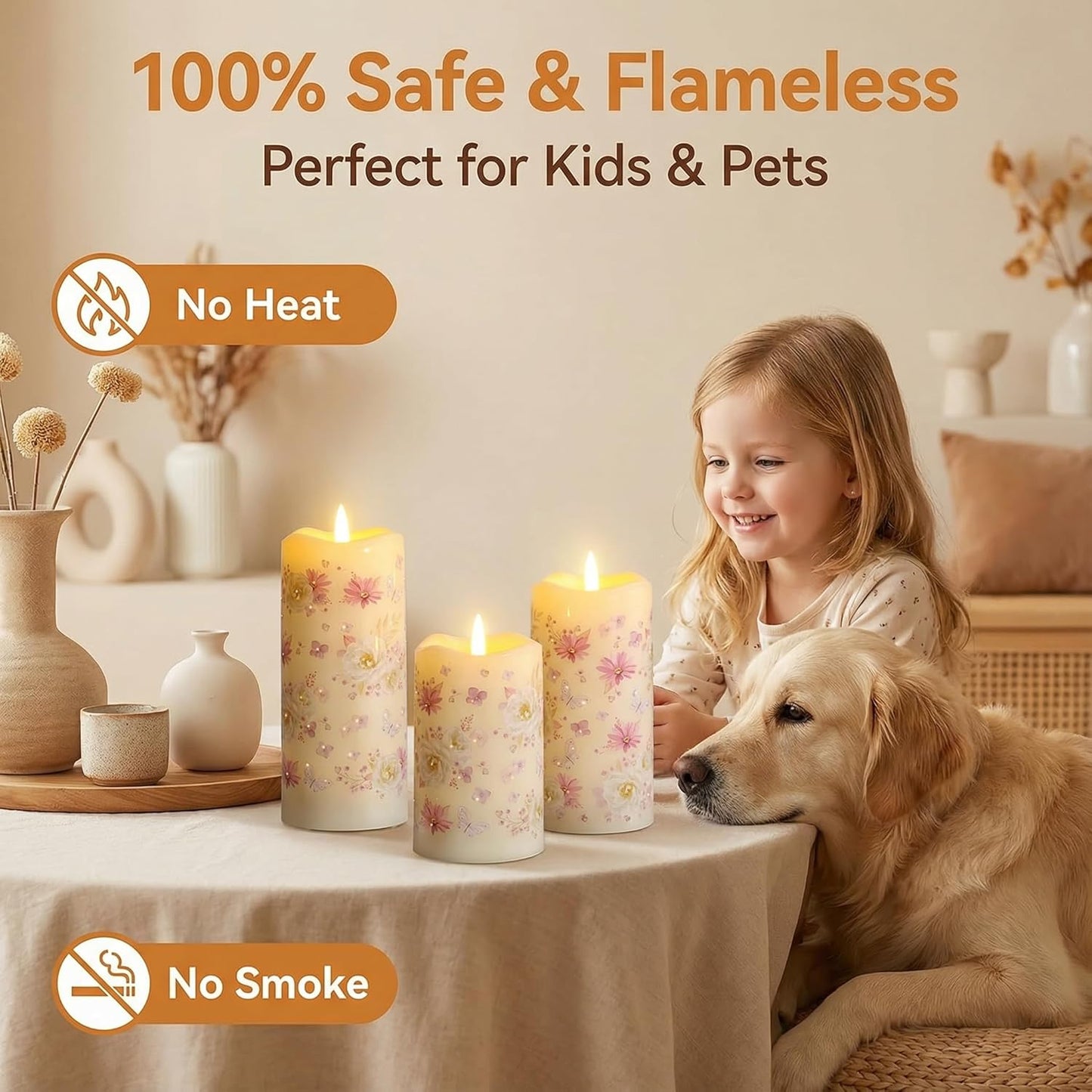 Eywamage Fiber Optic Flameless Pillar Candles with Remote Set of 3, Butterfly Floral Spring LED Candles Battery Operated Gift Φ 3" H 6"