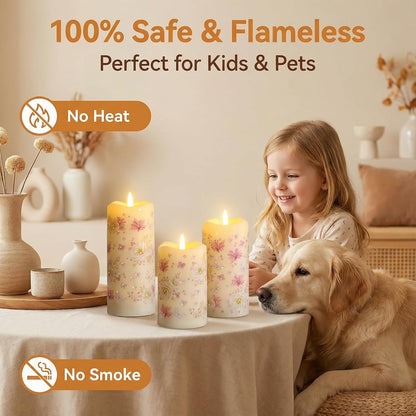 Eywamage Fiber Optic Flameless Pillar Candles with Remote Set of 3, Butterfly Floral Spring LED Candles Battery Operated Gift Φ 3" H 6"