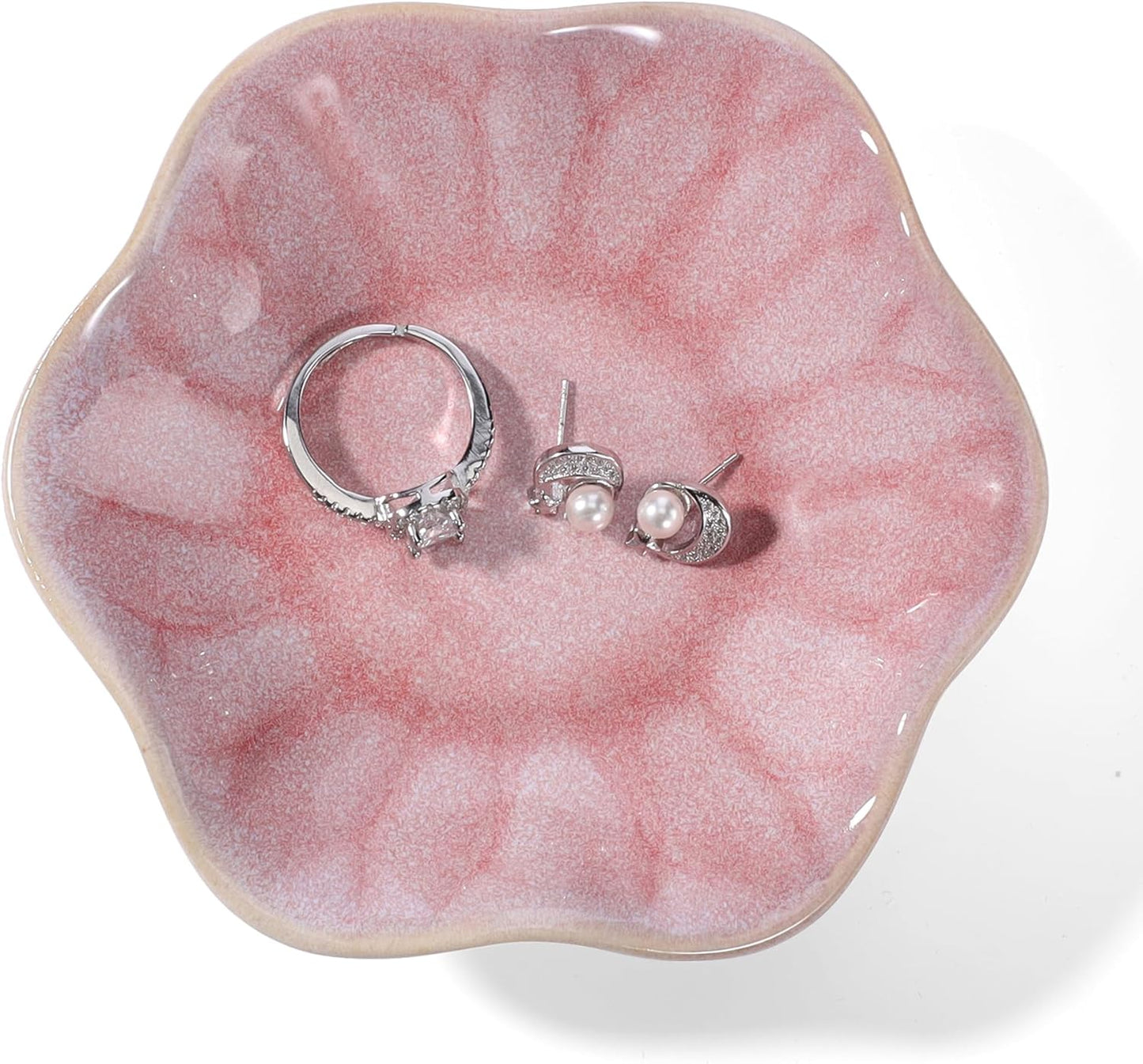 Pink Flower Ring Dish Holder,Jewelry Dish Tray,Small Trinket Tray,Jewelry Plate Bowl,Key Bowl,Decorative Plate,Mothers Day Birthday Gifts for Women Friends,Ceramic Kiln effect White