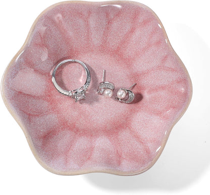 Pink Flower Ring Dish Holder,Jewelry Dish Tray,Small Trinket Tray,Jewelry Plate Bowl,Key Bowl,Decorative Plate,Mothers Day Birthday Gifts for Women Friends,Ceramic Kiln effect White