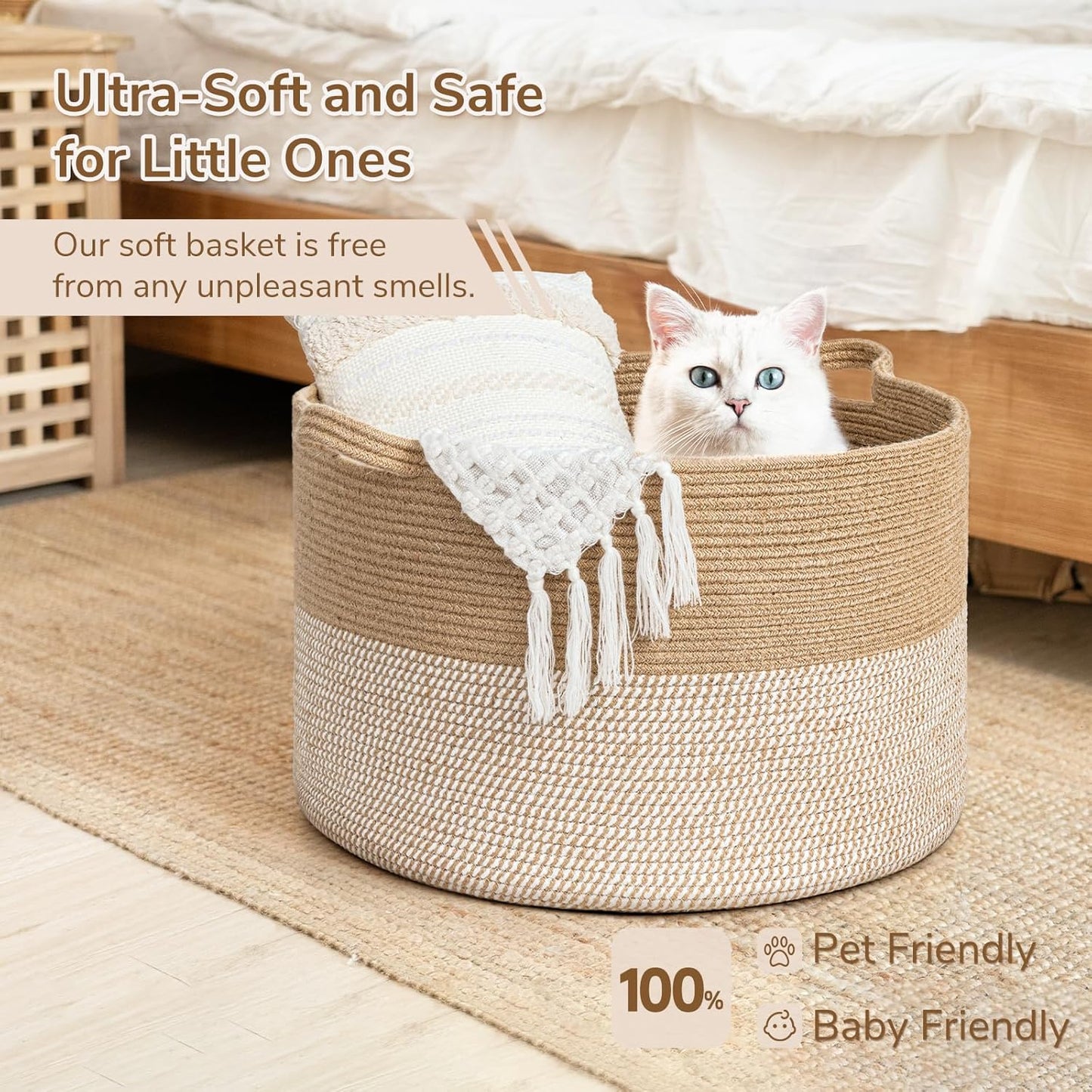 INDRESSME XXXLarge Blanket Basket for Living Room 21.7" x 21.7" x 13.8"-Storage Basket with Handle for Organizing Toy Pillows Woven Cotton Rope Laundry Basket Stuffed Animal Toy Storage for Play Room