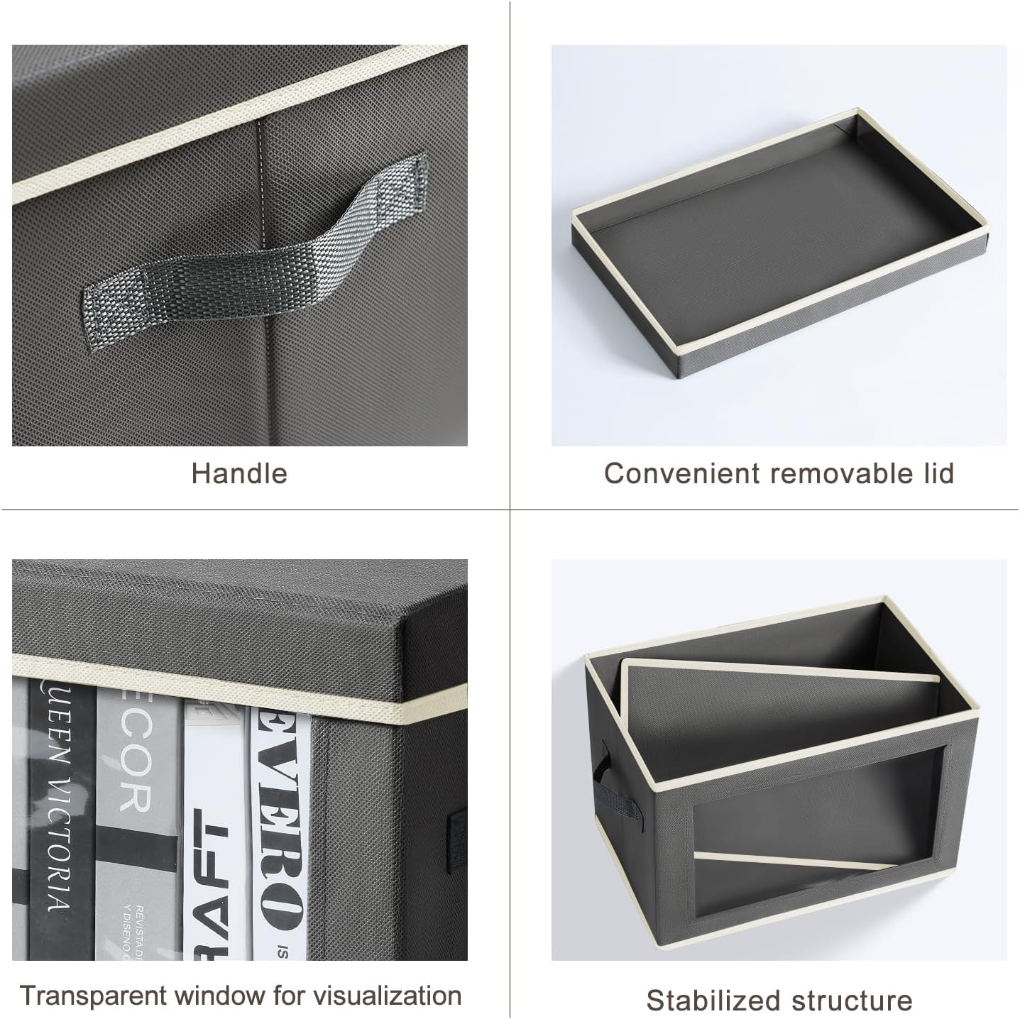 Homsorout Storage Bins with Lids - Fabric Closet Storage Bins with Window, Collapsible Baskets for Shelves 4 Pack, Home Decorative Boxes for Clothes, Closet, Office, Grey
