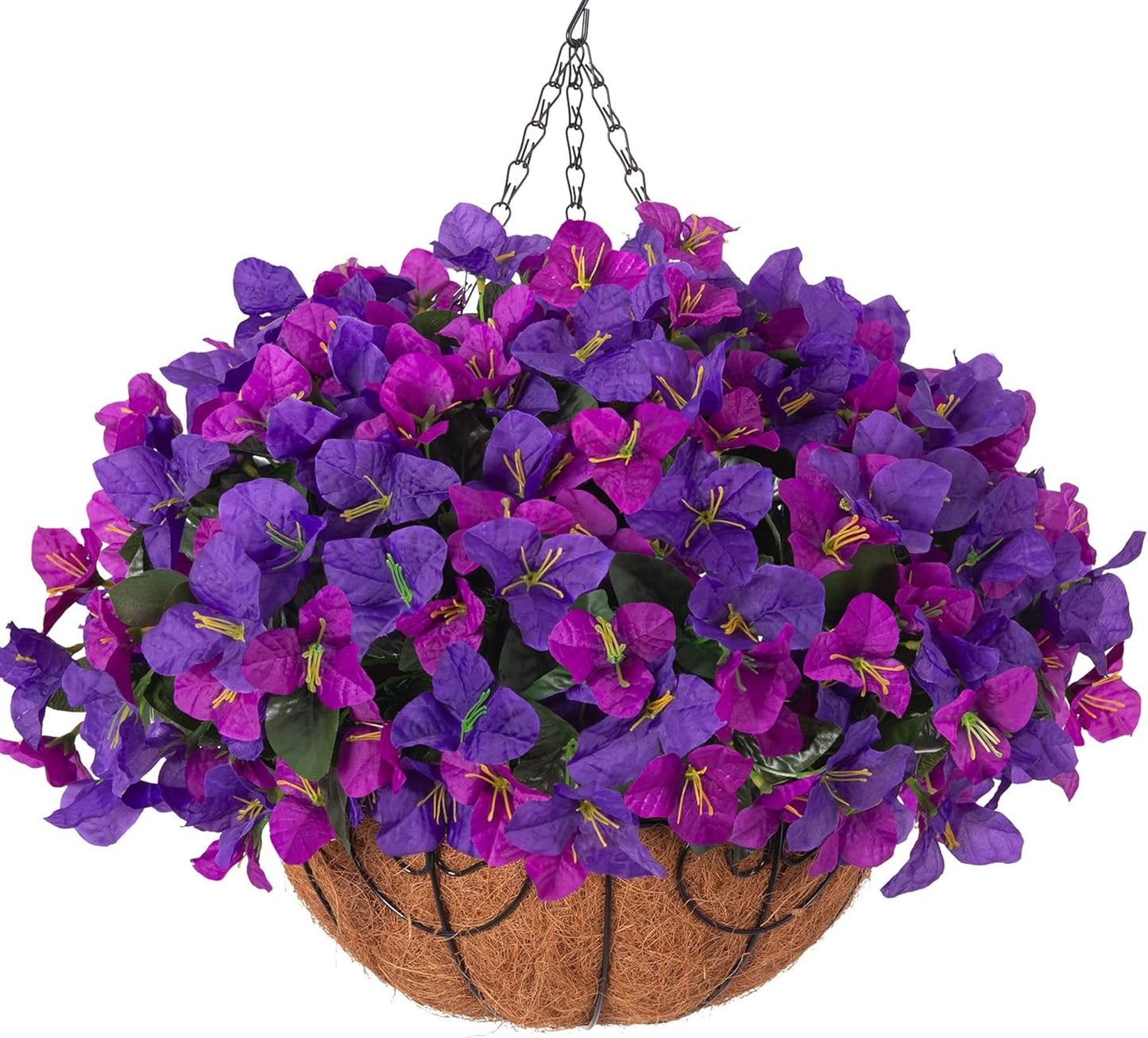 Artificial Hanging Flowers Faux Plants Basket for Outdoors Spring Summer Decor, Fake Silk Bougainvillea in Planter Outdoor Look Real UV Resistant Faux Flower for Outside Porch Patio Garden Home, White