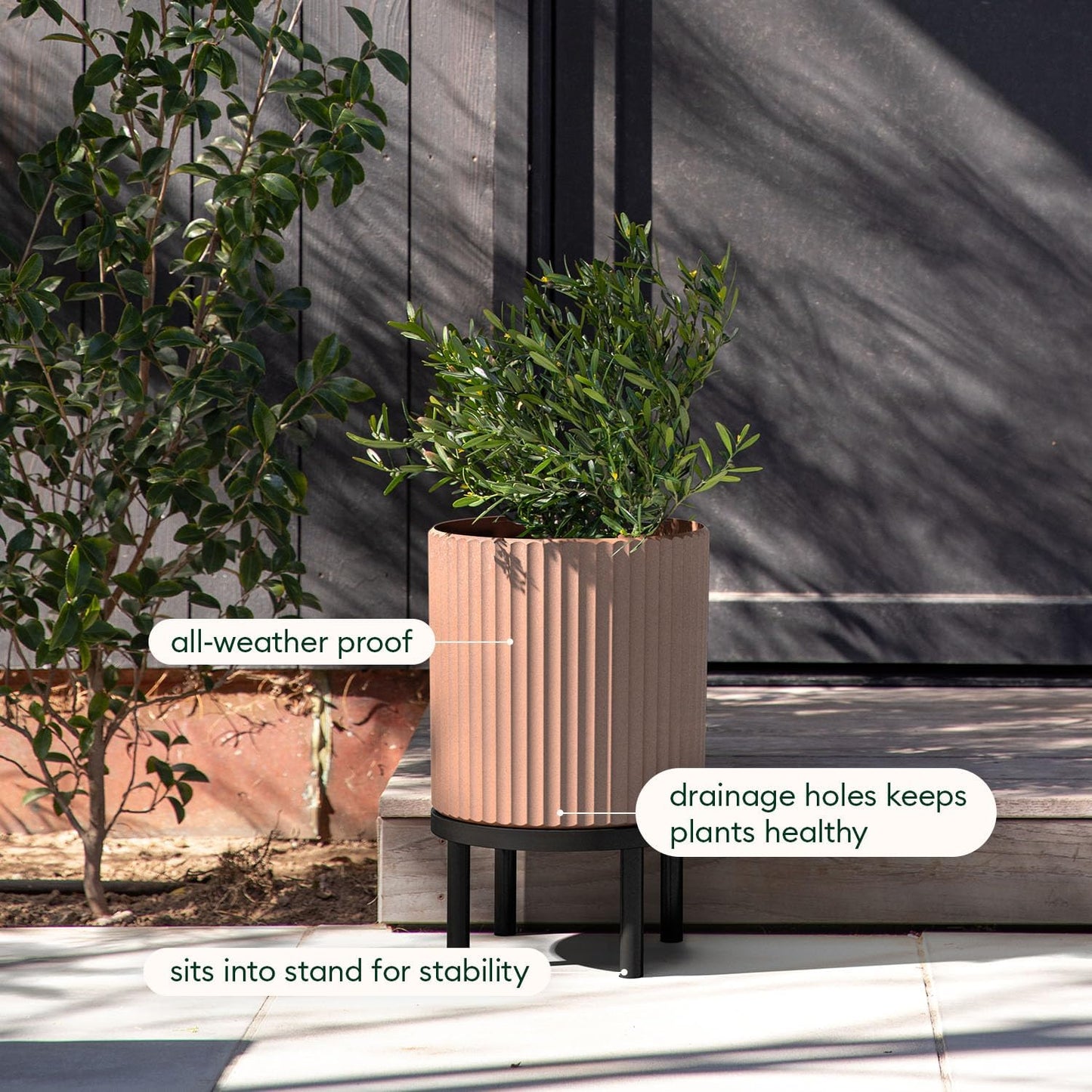 Veradek Demi Series Round Planter w/ Stand for Porch/Patio | Durable Plastic-Concrete & Wooden Stand | Modern Décor for Tall Plants, Flowers