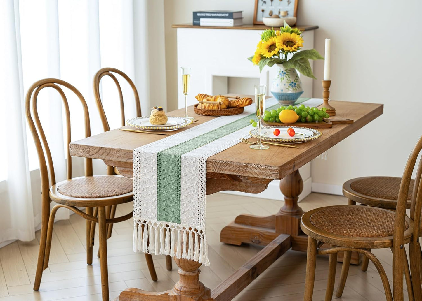 FEXIA Boho Table Runner for Thanksgiving Fall Christmas Home Decor with Tassels 72 Inches Long Pottery barn Furniture Farmhouse Rustic Macrame Burlap Table Decoration for Living Room (12x72 Inches)